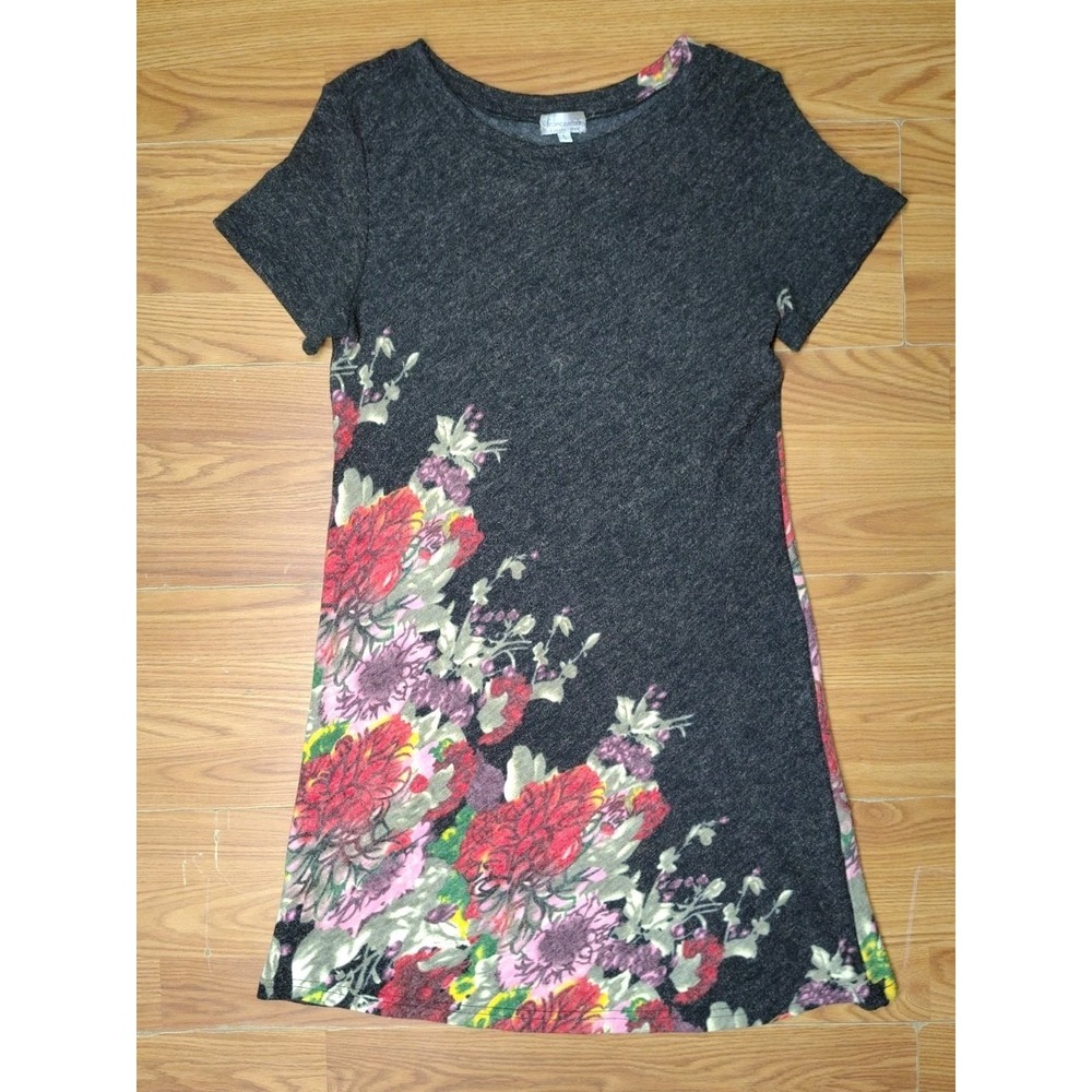 Francesca's Collections Gray Floral A-Line Dress Short Sleeve 1577B Womens Large